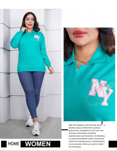 دورس زنانه سبز فیروزهای طرح NY، مناسب استایل اسپرت و روزمره. جنس نرم و باکیفیت، سایزبندی آزاد، انتخابی شیک برای پاییز و زمستان.
